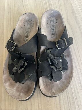 Mephisto Black Floral Leather Slide Mules